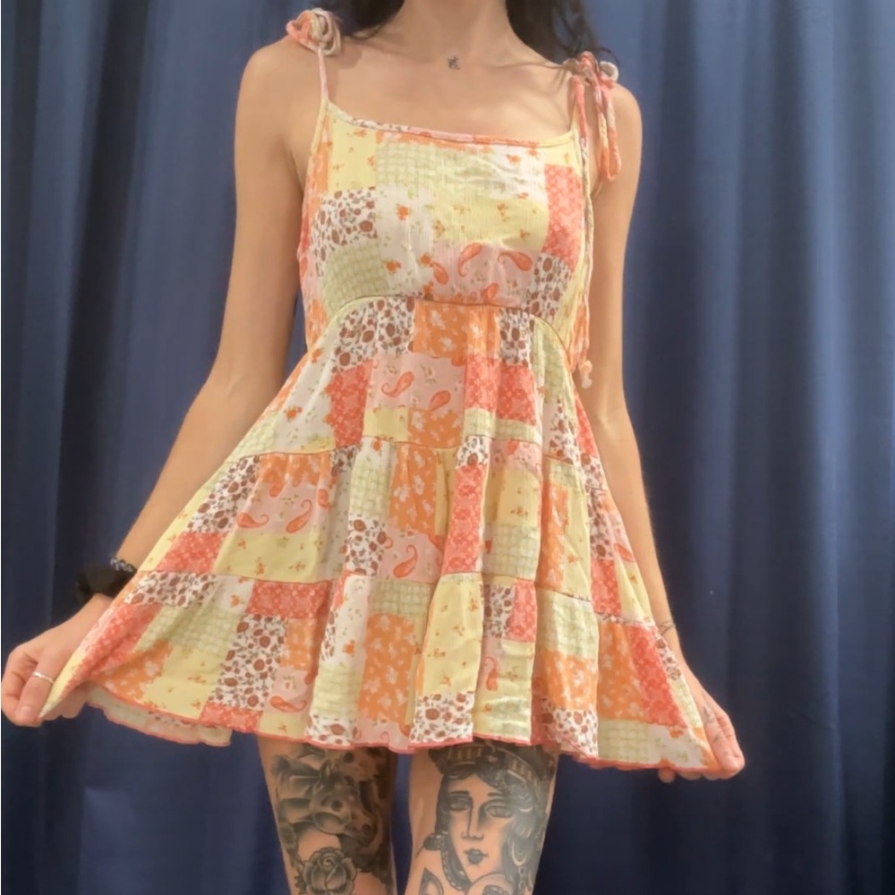 Summer colorful patchwork babydoll mini dress with adjustable tie straps